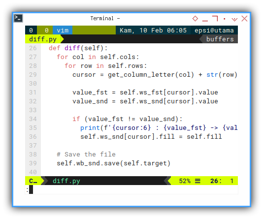 openpyxl: ViM: Diff Method