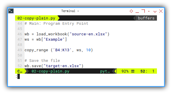 openpyxl: vim: copy plain