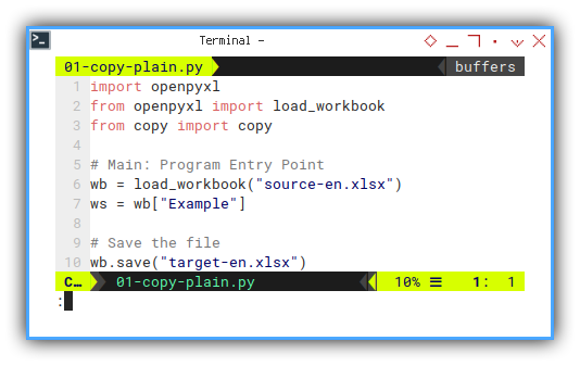 openpyxl: vim: copy plain