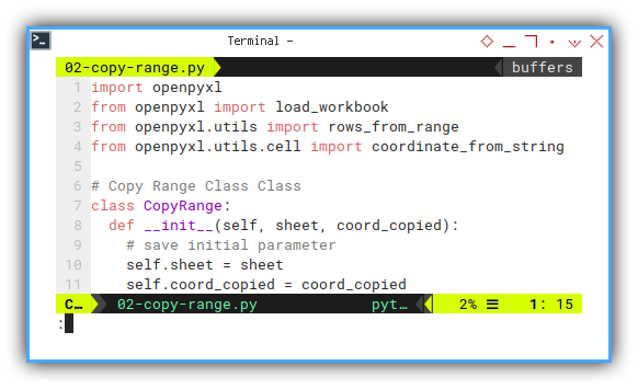 openpyxl: vim: Import and Init