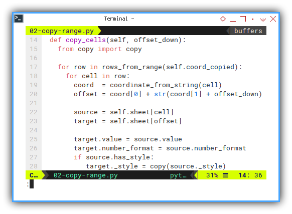 openpyxl: vim: Copy Range Method