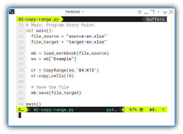 openpyxl: vim: Copy Range Method