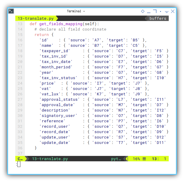 openpyxl: vim: Field Mapping