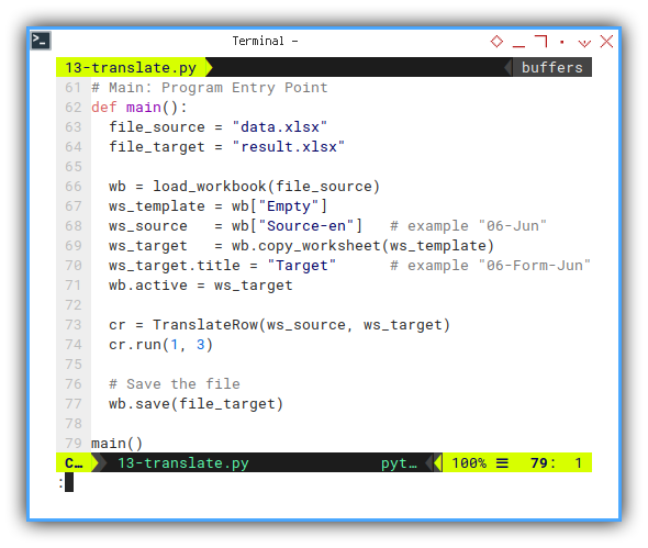 openpyxl: vim: Main