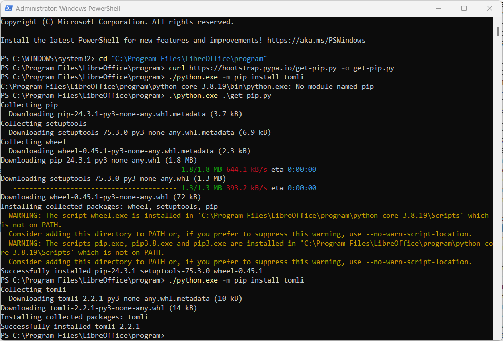 Prerequisite: Installing TOML within python environment for LibreOffice in Windows