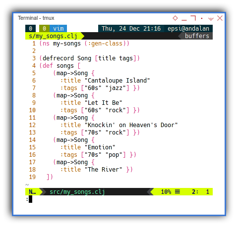 Clojure: The Songs Module Containing Vector of Record