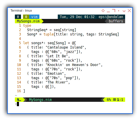 Nim: The Songs Module Containing Sequence of Tuples