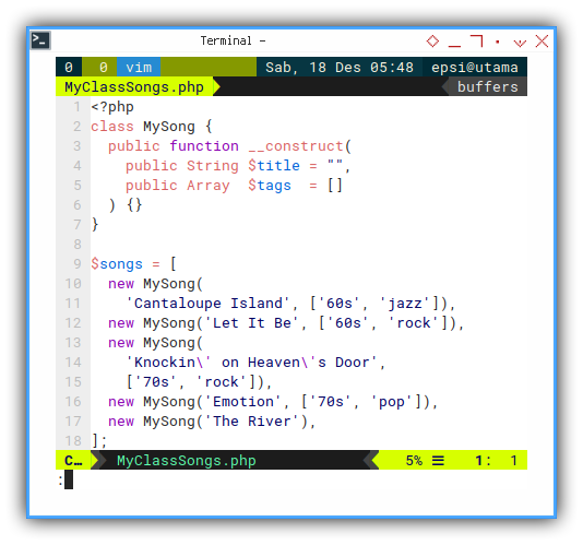 PHP: The Songs Module Containing array of Class