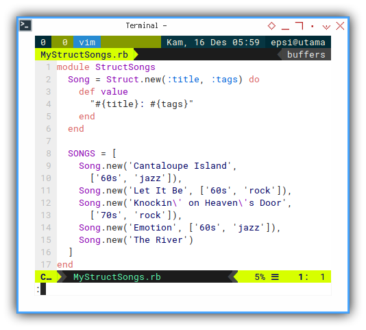 Ruby: The Songs Module Containing List of Struct