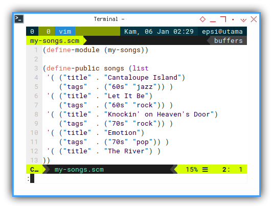 Guile: The Songs Module Containing Array of Records