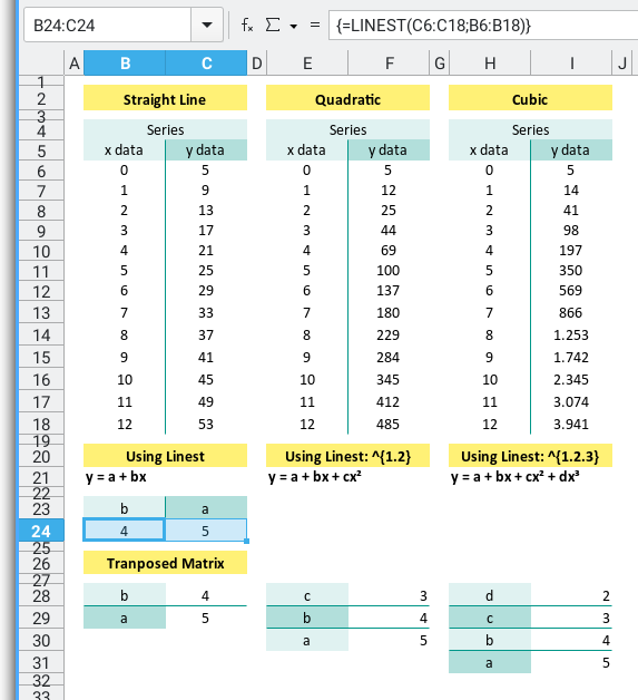 Linest: Curve Fitting in Spreadsheet