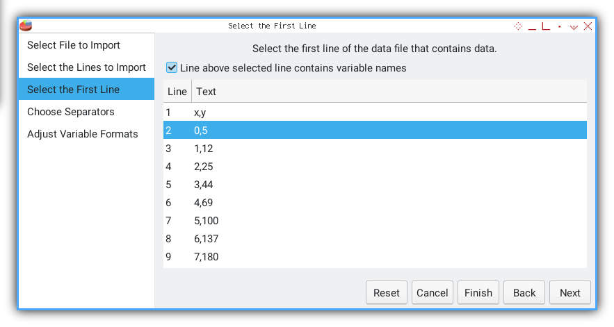 PSPP: Import CSV: Choose the first data
