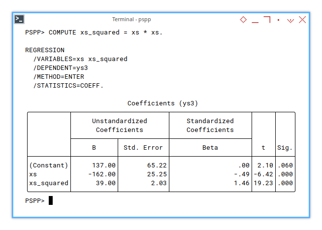 PSPP Shell: Polynomial Regression Coefficient: Quadratic