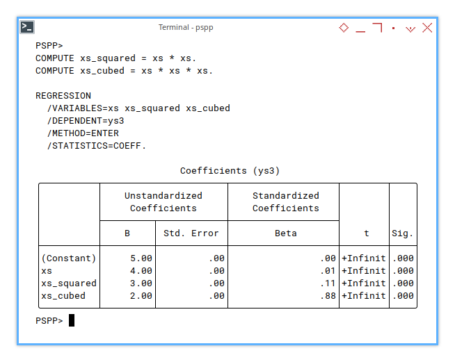 PSPP Shell: Polynomial Regression Coefficient: Cubic